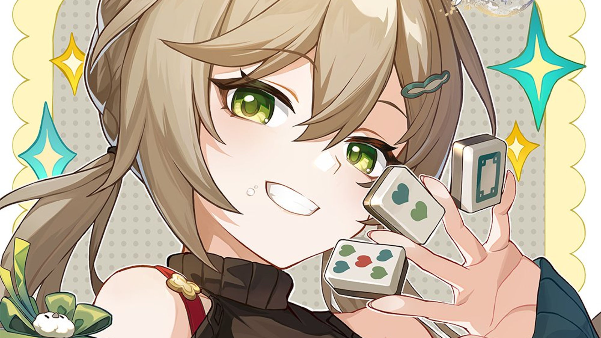 Honkai Star Rail codes - Qingque holds up two mahjong tiles while smiling at the camera