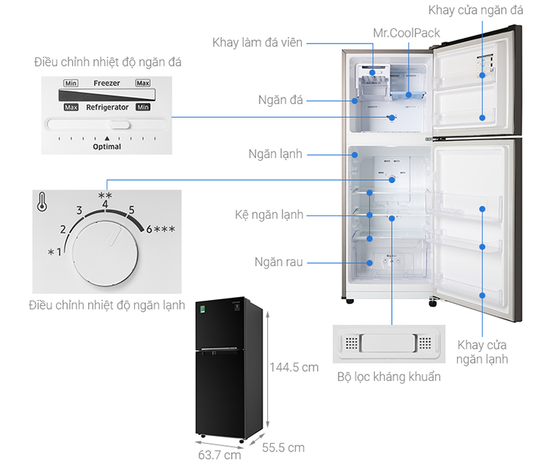 Kích thước tủ lạnh Samsung Inverter 208 lít RT20HAR8DBU/SV