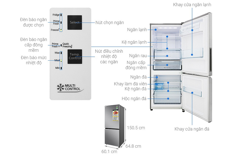 Kích thước của tủ lạnh Panasonic Inverter 255 lít NR-BV280QSVN