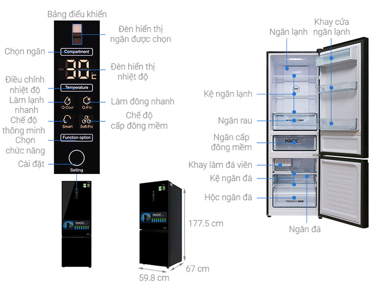 Kích thước của tủ lạnh Aqua Inverter 324 lít AQR-IG378EB(GB)