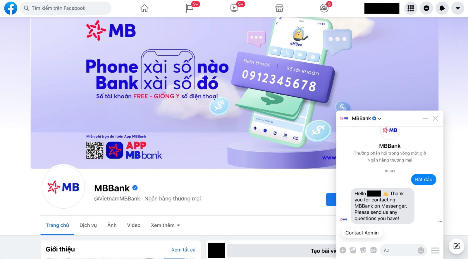 CSKH thông qua Facebook MB Bank