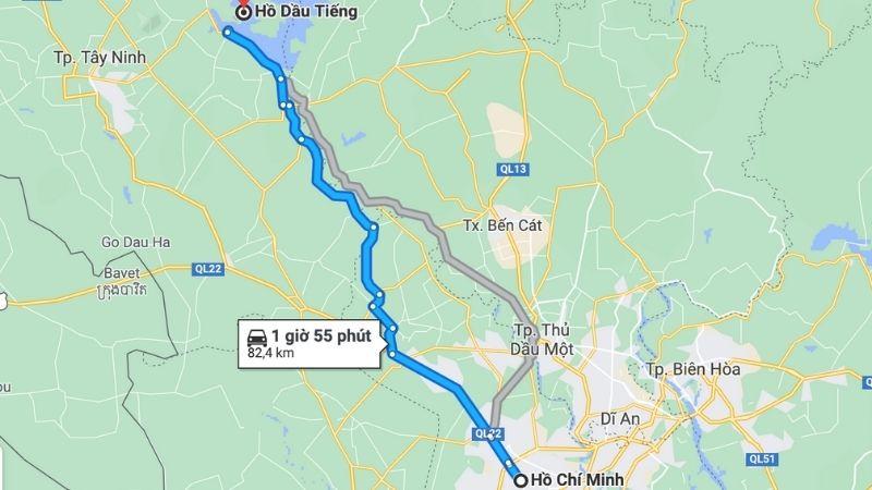 Bản đồ đường đi từ TP. Tây Ninh đến hồ Dầu Tiếng